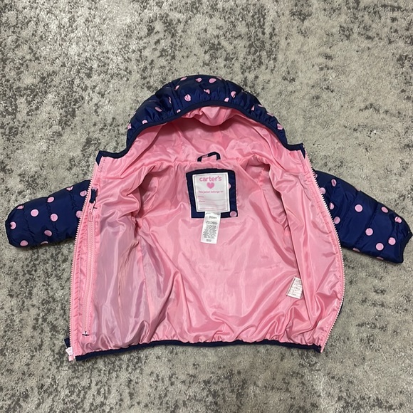 Carter’s Girls Winter Puffer Coat Navy with Pink Polka Dots - Picture 4 of 8